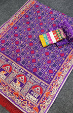 Royal Purple Heavy Soft Silk Saree with "Shubh Laabh" Embroidery & Designer Blouse