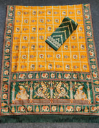 Royal Mustard Orange Yellow Silk Blend Saree with Emerald Green Patola Embroidery and Ornate Tassel Pallu
