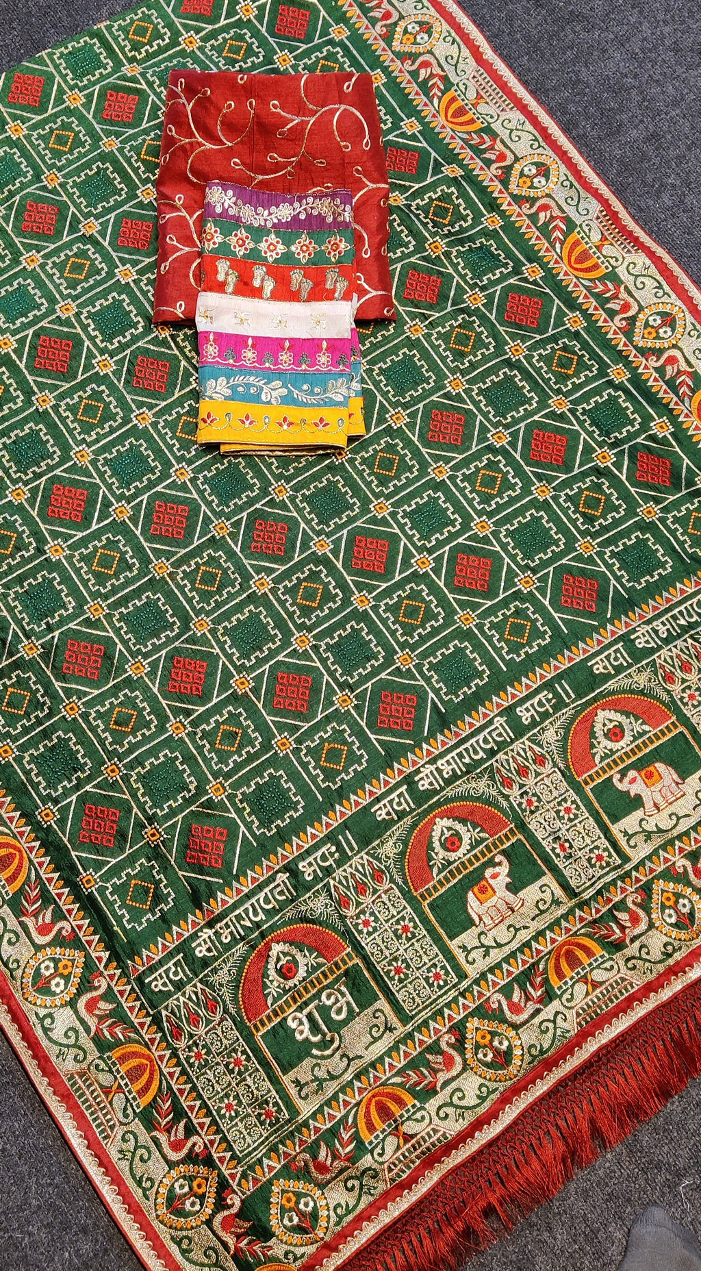 Exquisite Bottle Green Heavy Soft Silk Saree with Traditional "Shubh Laabh" Embroidery & Contrast Red Designer Blouse