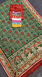 Exquisite Bottle Green Heavy Soft Silk Saree with Traditional "Shubh Laabh" Embroidery & Contrast Red Designer Blouse