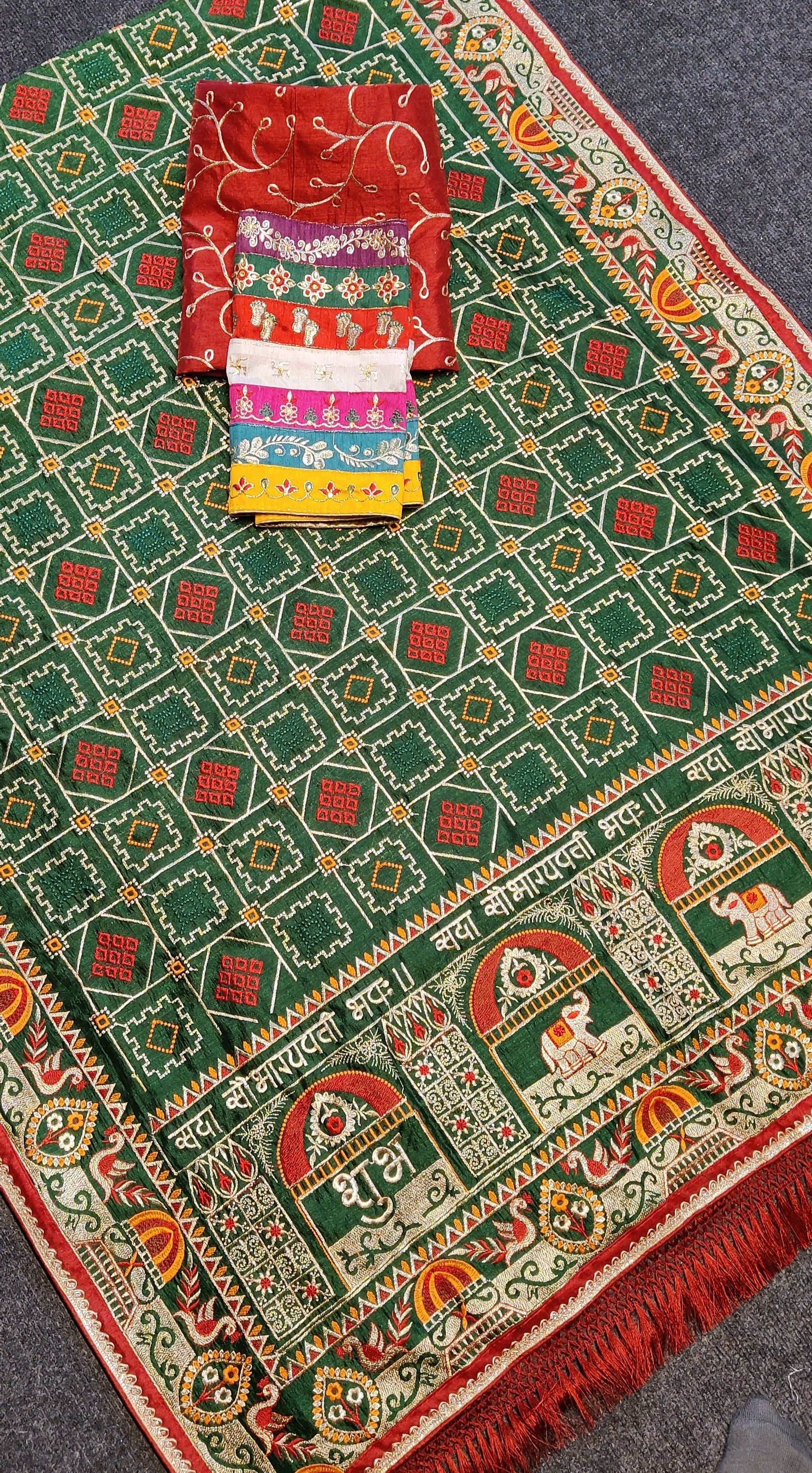 Exquisite Bottle Green Heavy Soft Silk Saree with Traditional "Shubh Laabh" Embroidery & Contrast Red Designer Blouse