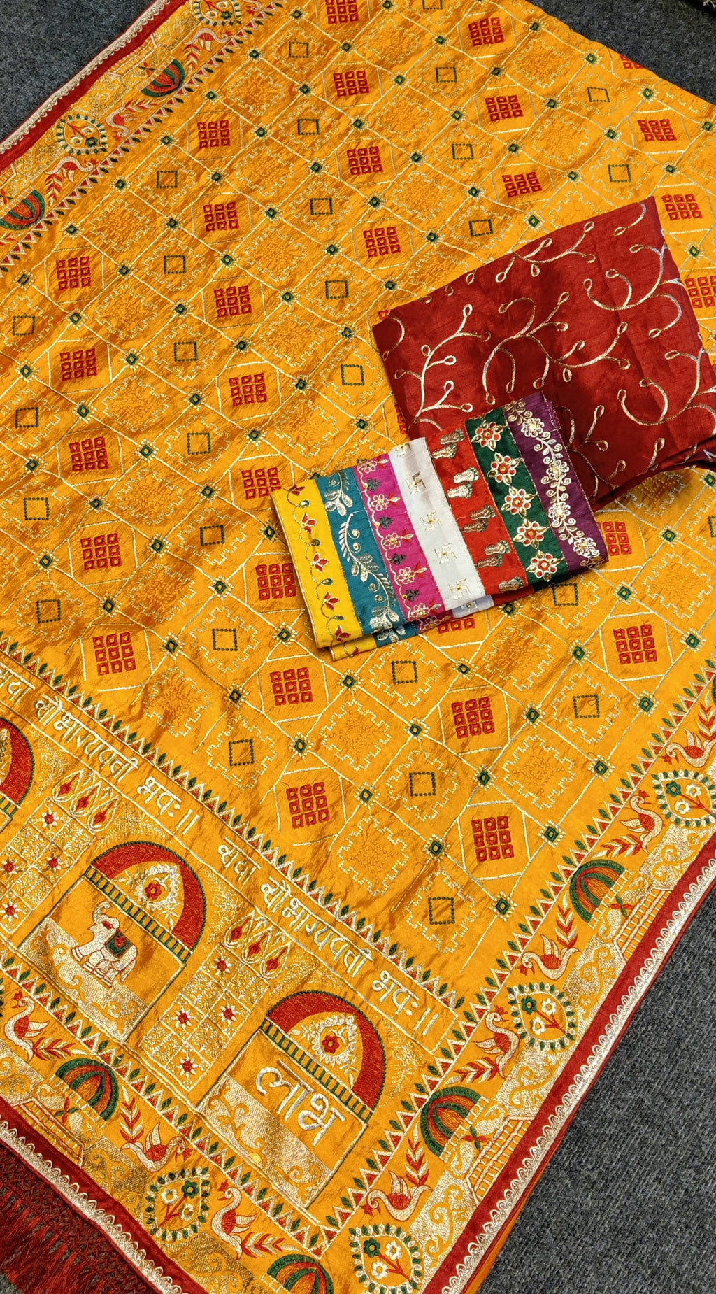Radiant Golden Yellow Heavy Soft Silk Saree with "Shubh Laabh" Embroidery & Maroon Designer Blouse
