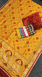 Radiant Golden Yellow Heavy Soft Silk Saree with "Shubh Laabh" Embroidery & Maroon Designer Blouse