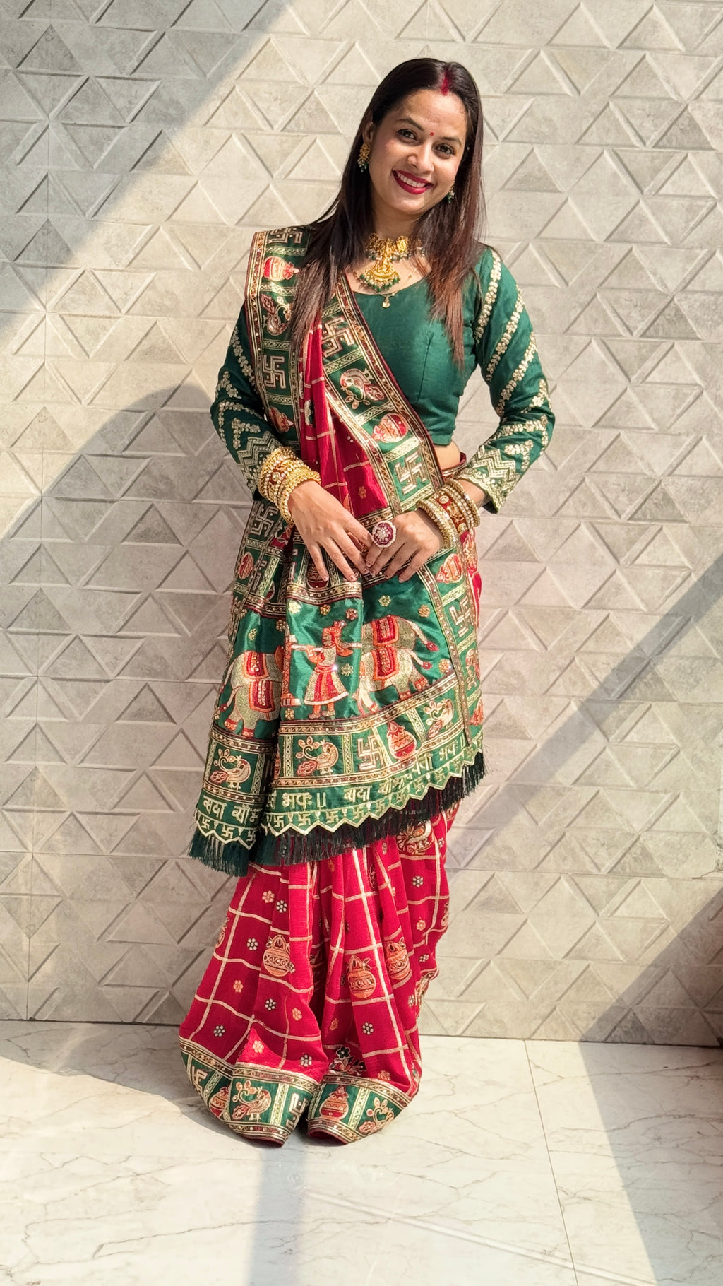 Red & Green Panetar Style Soft Silk Saree with Royal Doli Pallu – Saubhagyavati Bhava Edition