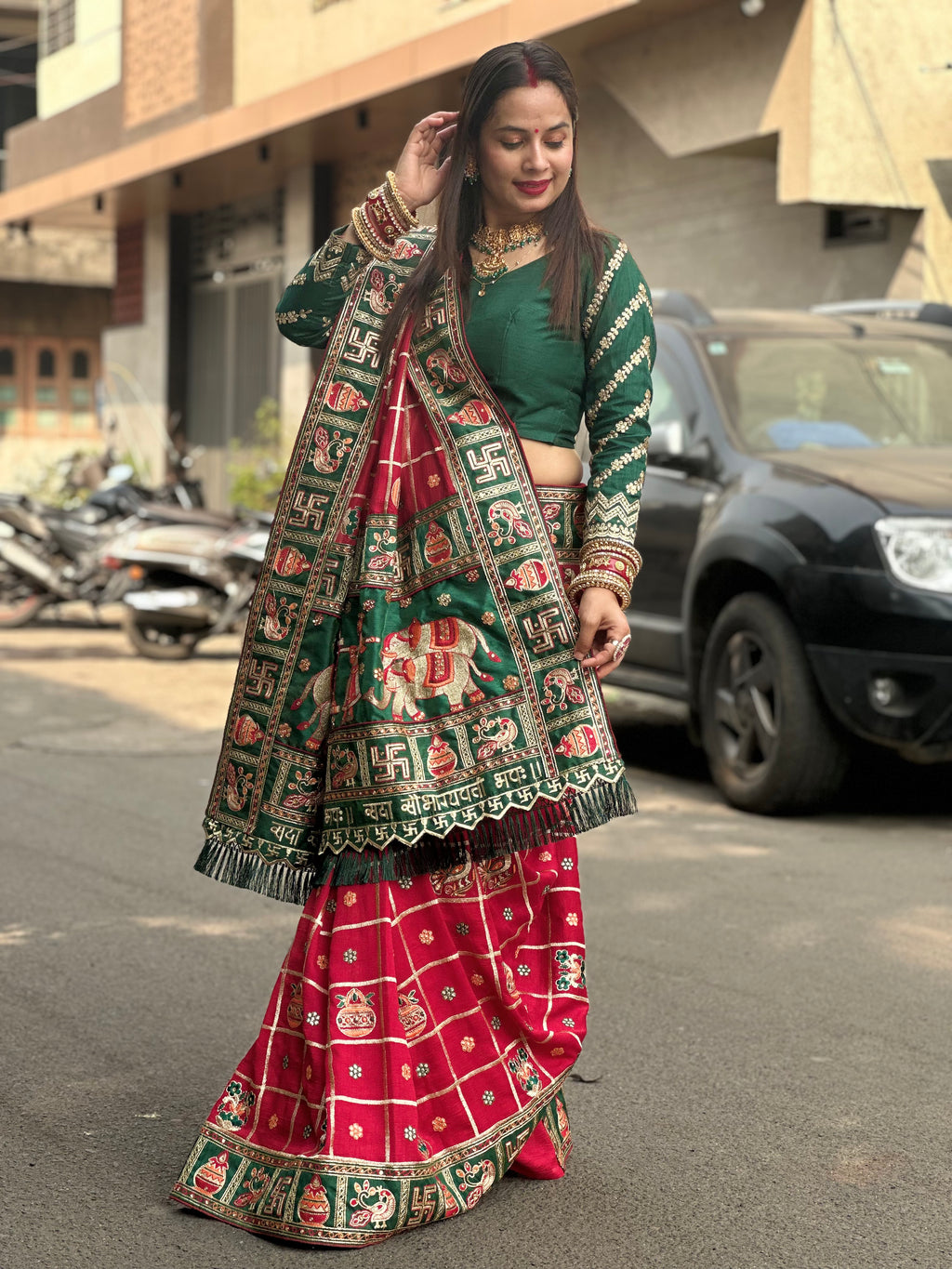 Red & Green Panetar Style Soft Silk Saree with Royal Doli Pallu – Saubhagyavati Bhava Edition