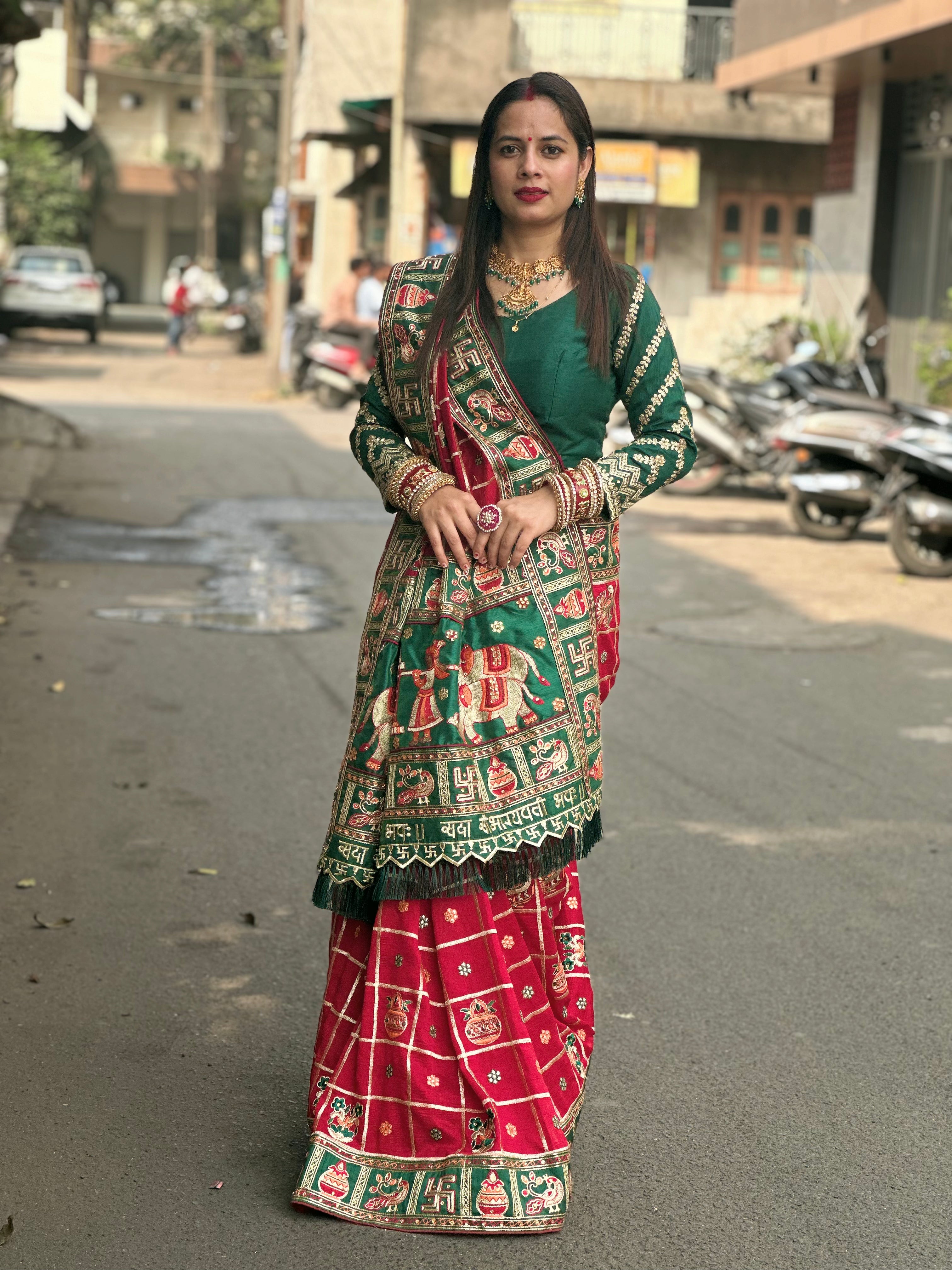 Red & Green Panetar Style Soft Silk Saree with Royal Doli Pallu – Saubhagyavati Bhava Edition