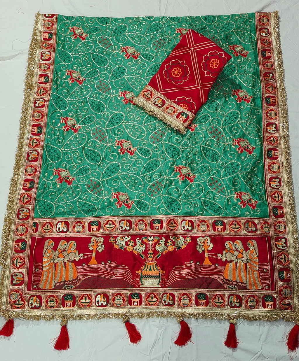 Tulsi Vat Savitri Special: Teal Greenish-Blue Vichitra Silk Saree with Traditional Narrative Embroidery & Tassels