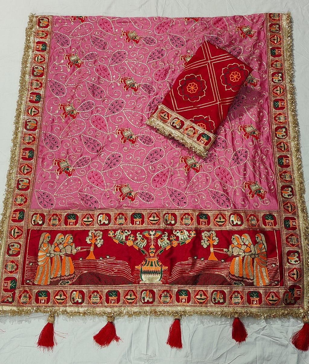 Tulsi Vat Savitri Special: Pink Vichitra Silk Saree with Narrative Embroidery & Latkan Tassels