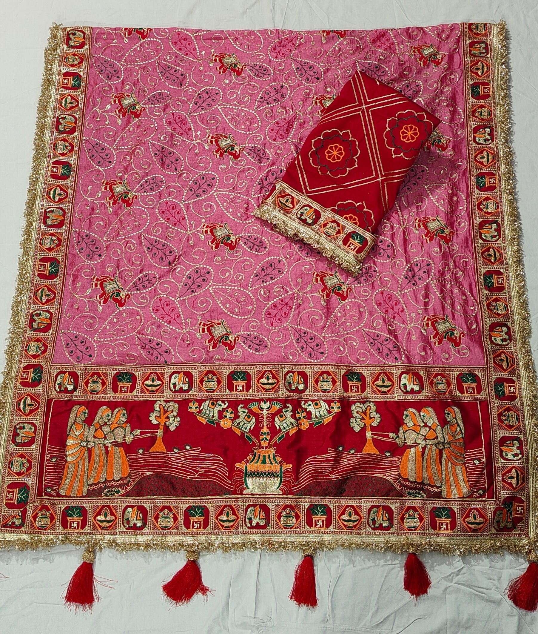 Tulsi Vat Savitri Special: Pink Vichitra Silk Saree with Narrative Embroidery & Latkan Tassels