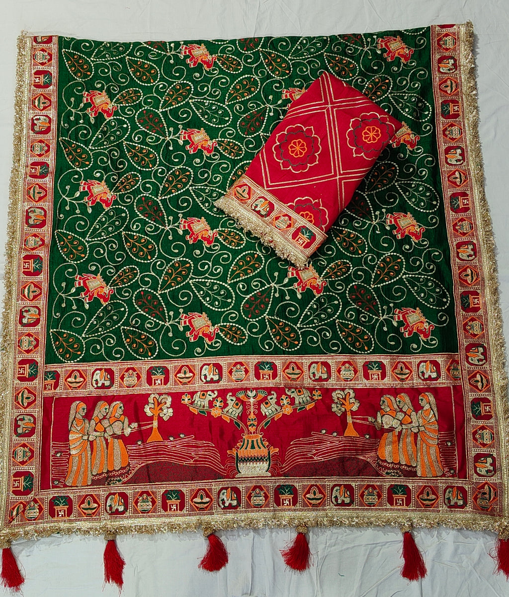 Tulsi Vat Savitri Special: Green Vichitra Silk Saree with Narrative Embroidery & Latkan Tassels