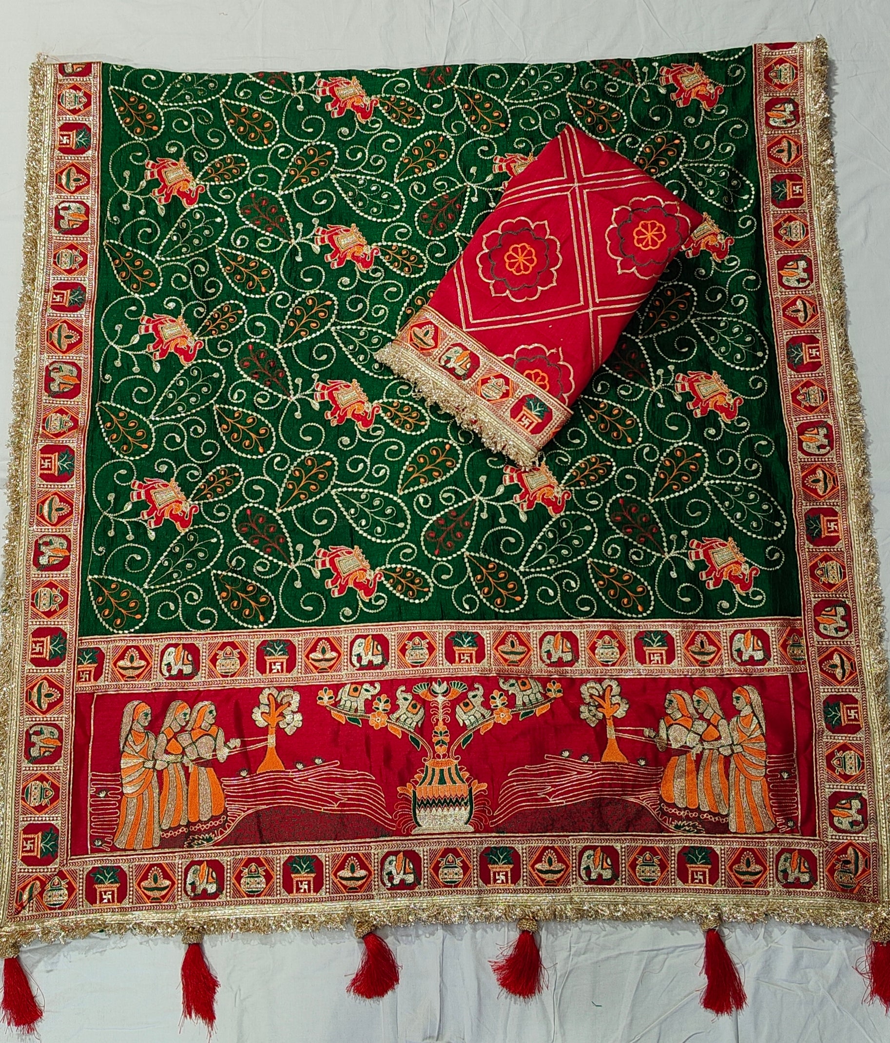 Tulsi Vat Savitri Special: Green Vichitra Silk Saree with Narrative Embroidery & Latkan Tassels