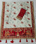 Tulsi Vat Savitri Special: White Heavy Vichitra Silk Saree with Narrative Palla Embroidery, Lace Border & Latkan Tassels