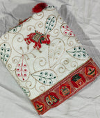 Tulsi Vat Savitri Special: White Heavy Vichitra Silk Saree with Narrative Palla Embroidery, Lace Border & Latkan Tassels