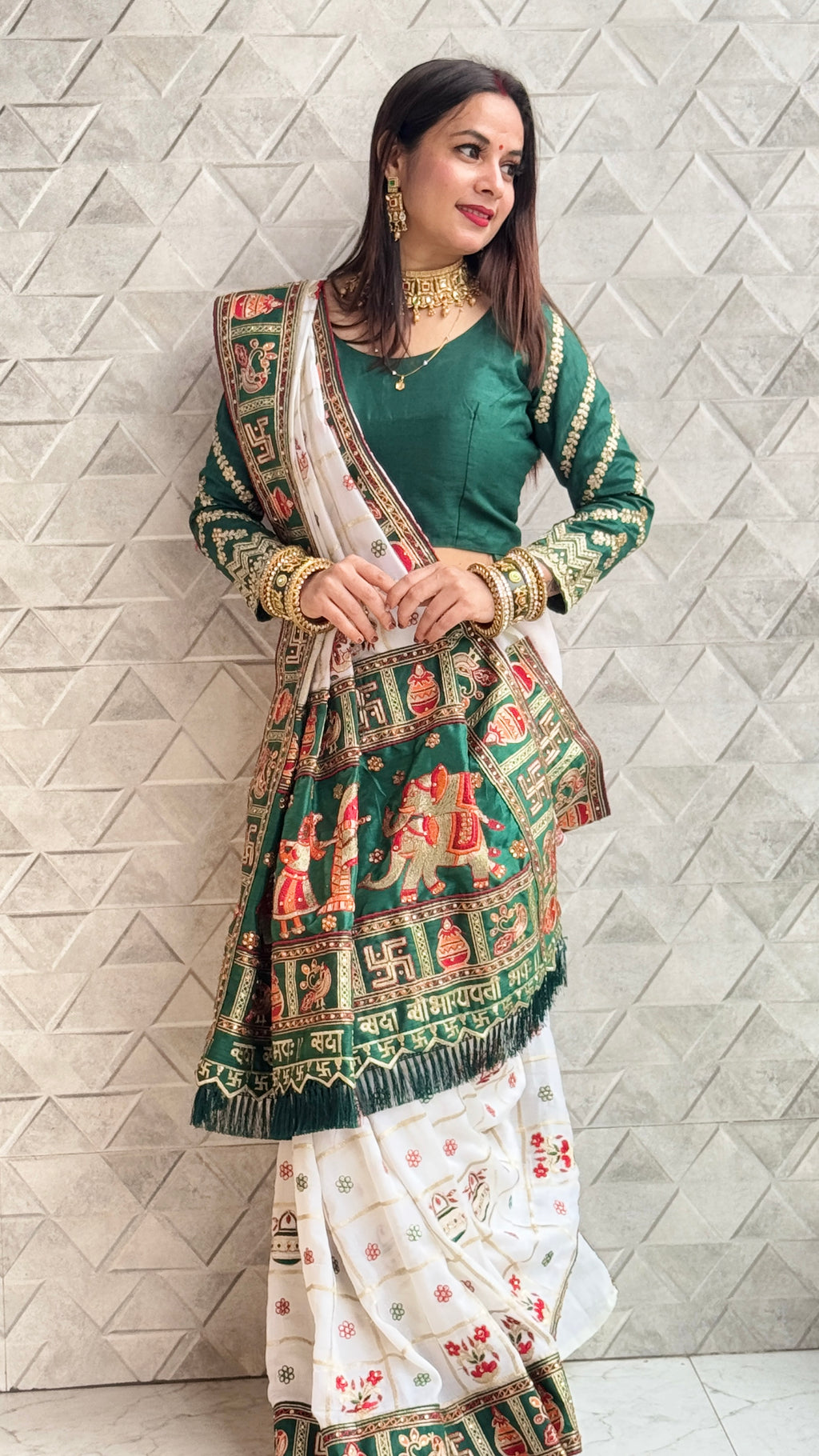 White & Green Panetar Patola Silk Saree with Royal Doli Pallu – Saubhagyavati Bhava Edition