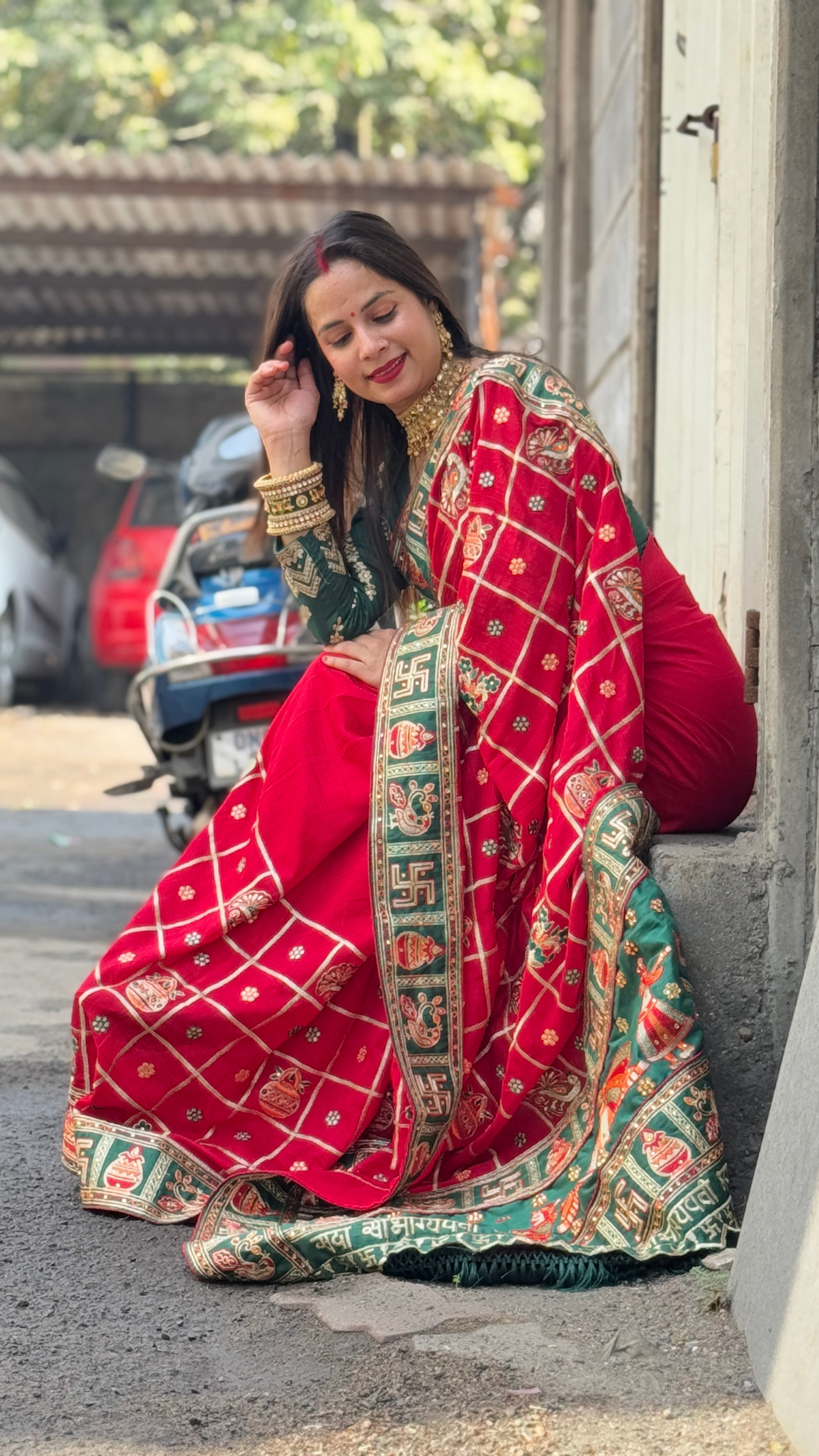 Red & Green Panetar Style Soft Silk Saree with Royal Doli Pallu – Saubhagyavati Bhava Edition