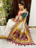 Premium Soft Silk Kusum Off White Maroon Patola Saree With Saubhagyavati Bhava Border