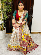 Premium Soft Silk Kusum Off White Maroon Patola Saree With Saubhagyavati Bhava Border