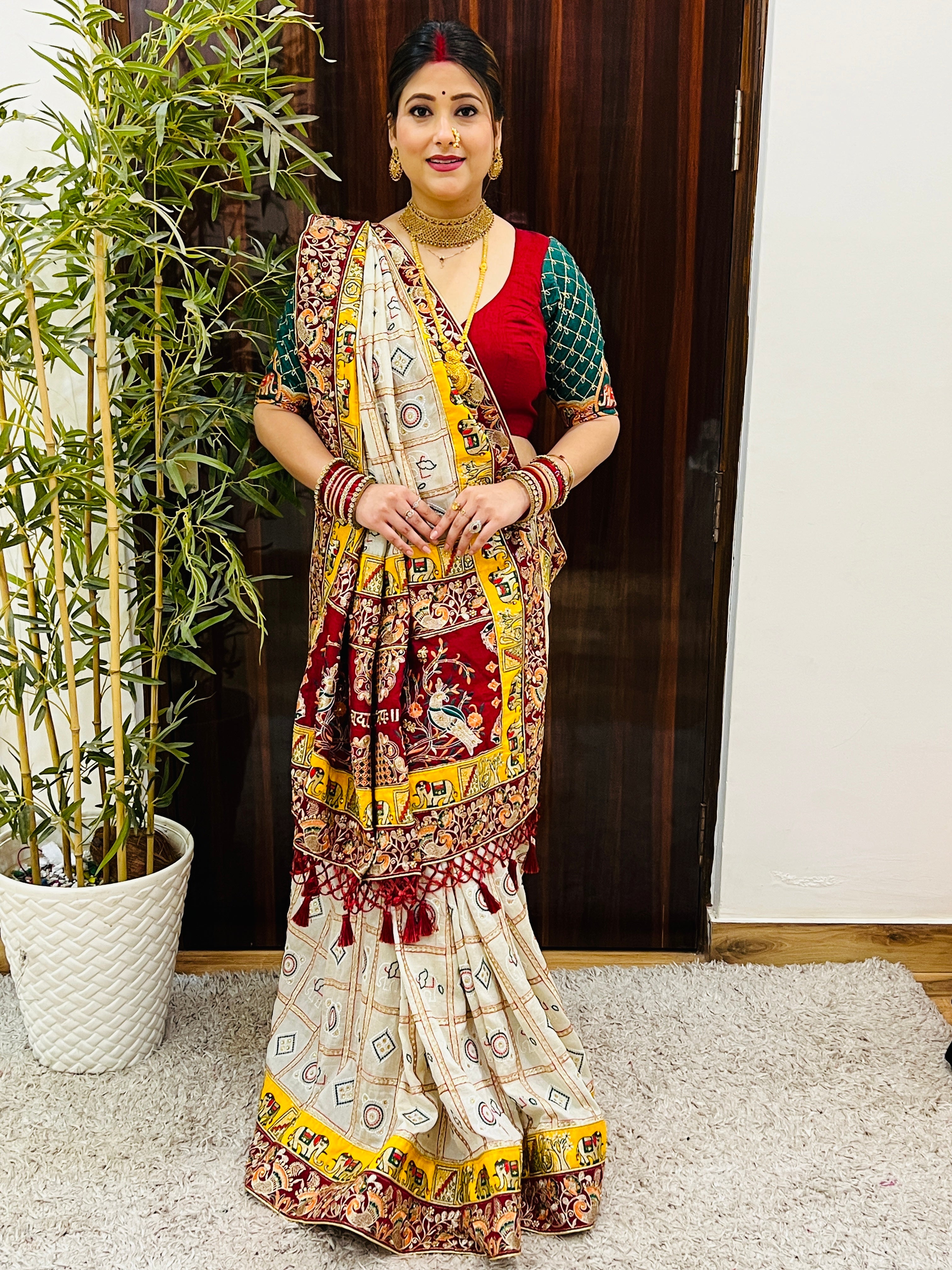 Premium Soft Silk Kusum Off White Maroon Patola Saree With Saubhagyavati Bhava Border