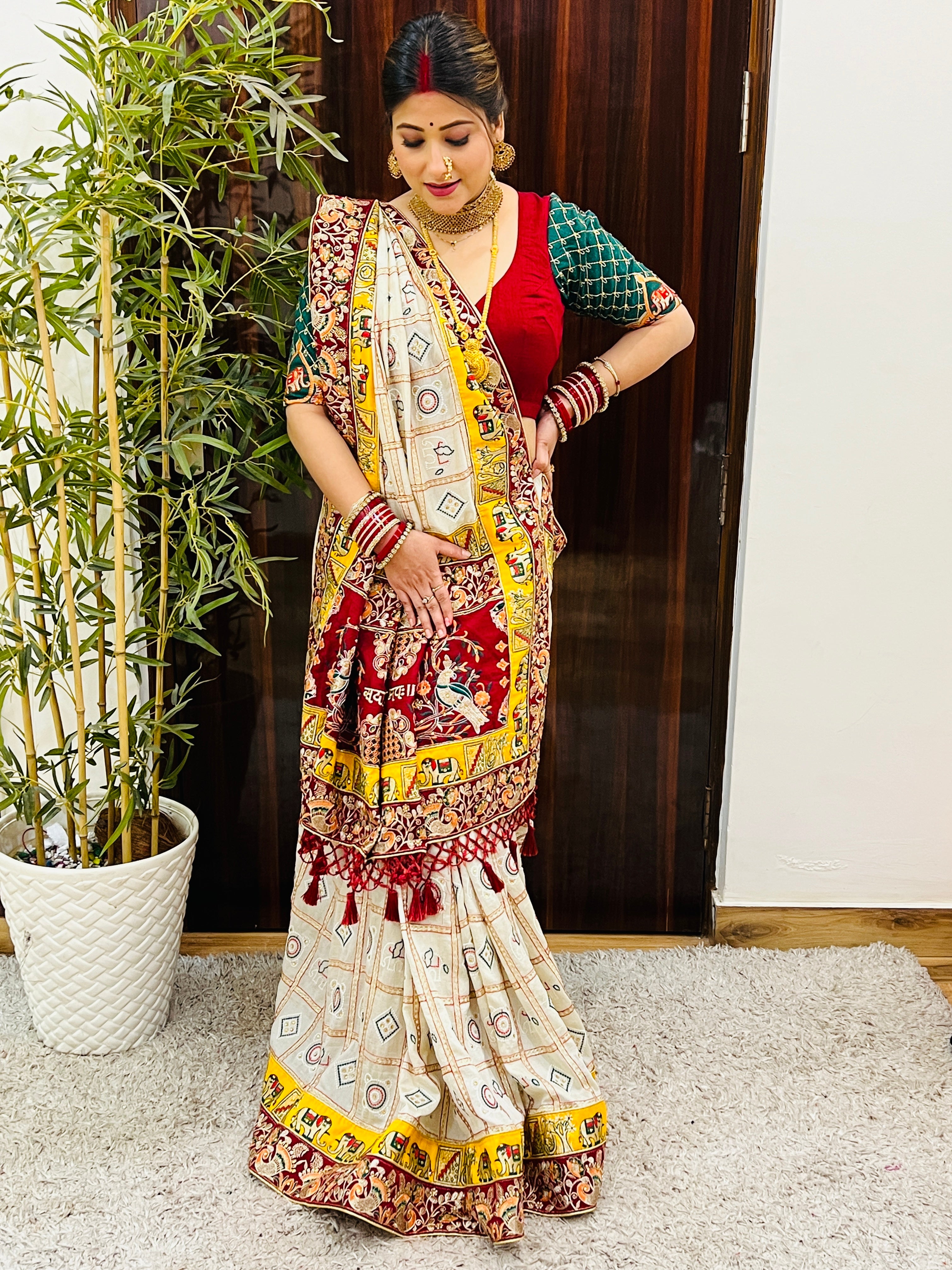 Premium Soft Silk Kusum Off White Maroon Patola Saree With Saubhagyavati Bhava Border