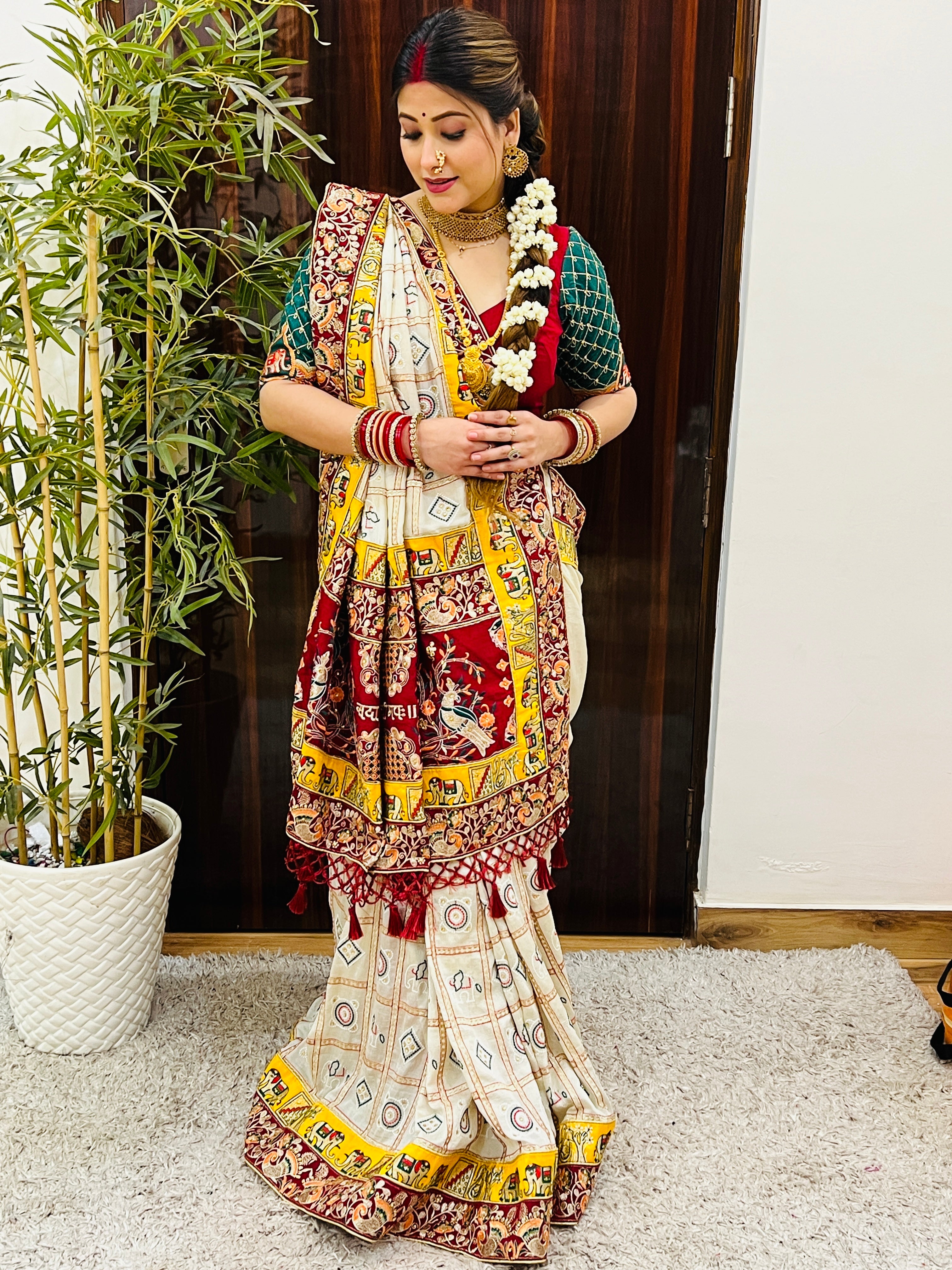 Premium Soft Silk Kusum Off White Maroon Patola Saree With Saubhagyavati Bhava Border