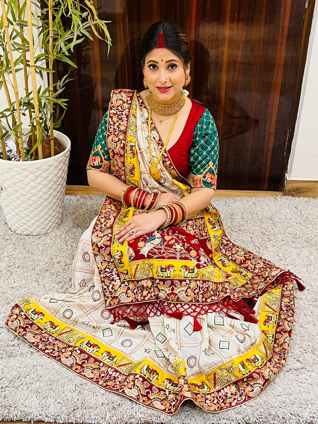 Premium Soft Silk Kusum Off White Maroon Patola Saree With Saubhagyavati Bhava Border