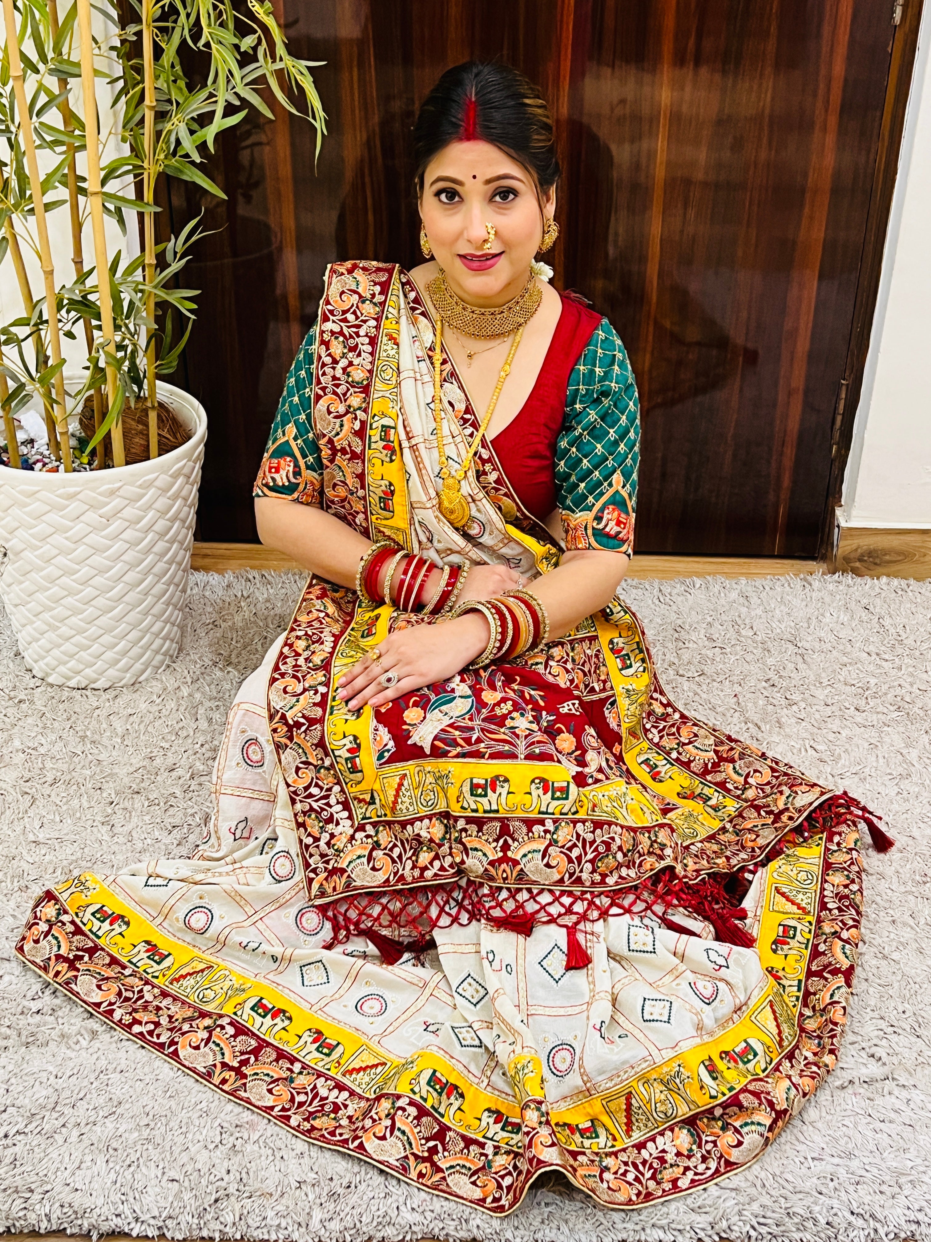 Premium Soft Silk Kusum Off White Maroon Patola Saree With Saubhagyavati Bhava Border