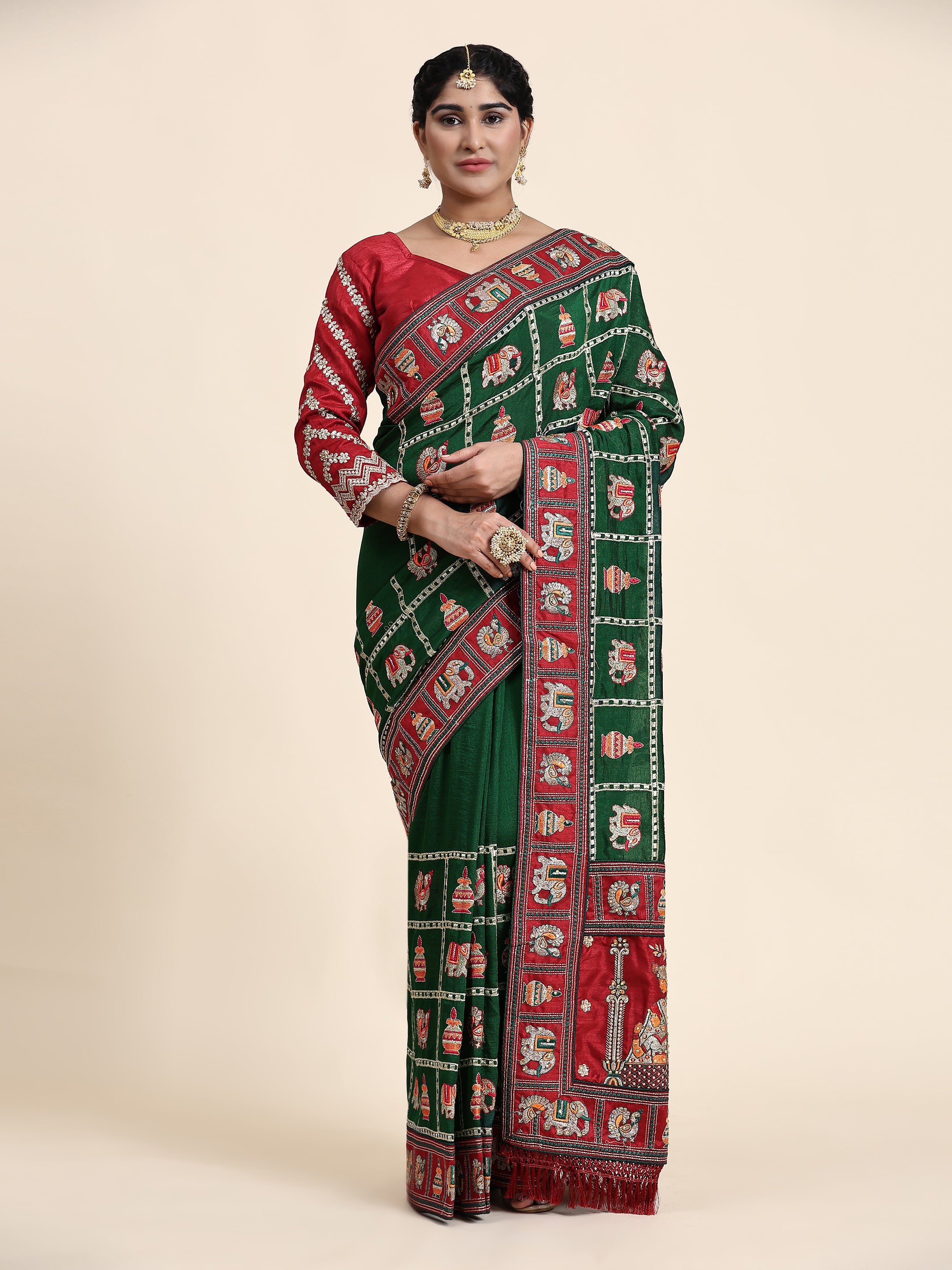 Heritage Green & Maroon Silk Blend Saree with Traditional Patola-Style Embroidery and Tassel Detail