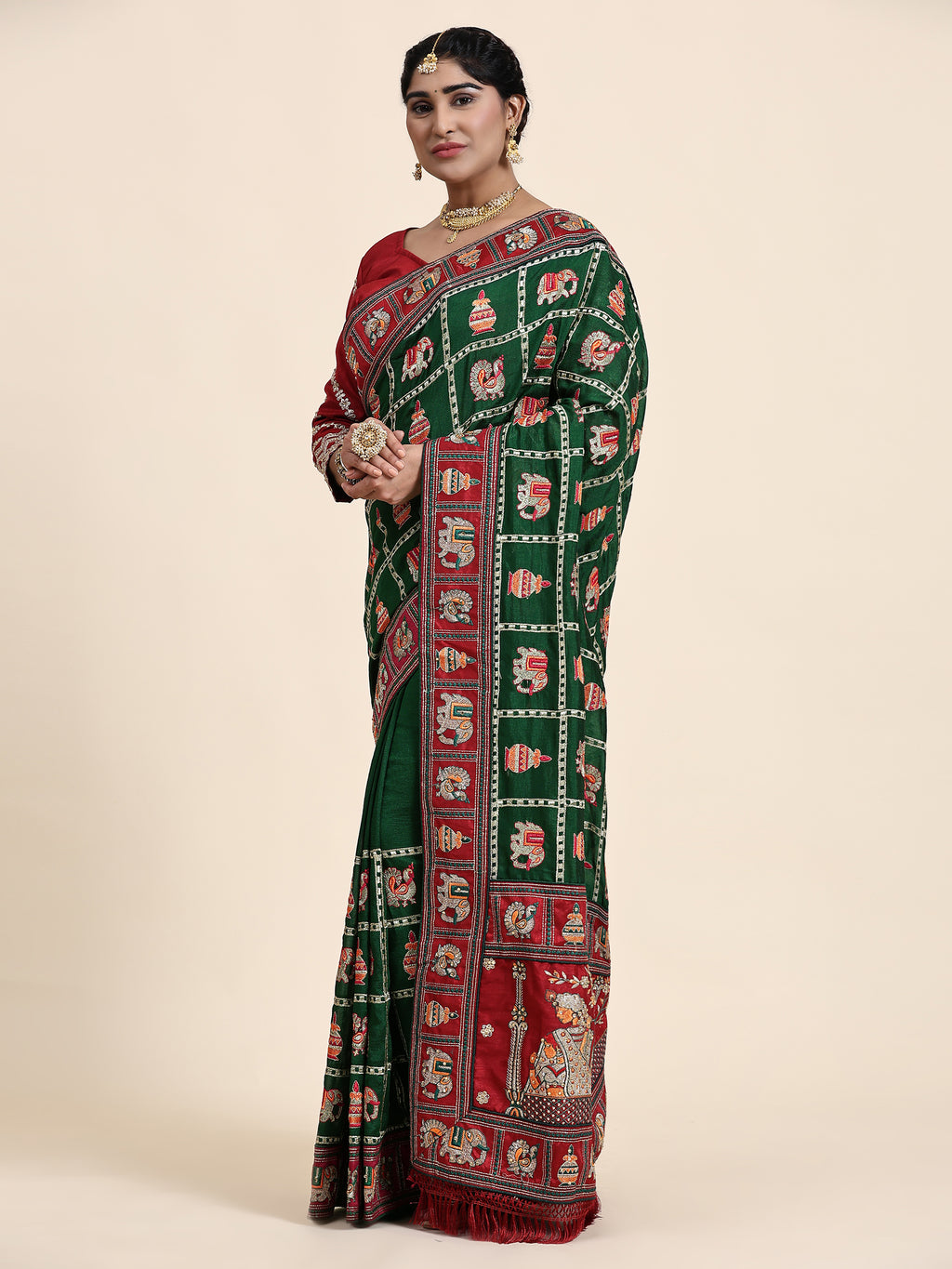 Heritage Green & Maroon Silk Blend Saree with Traditional Patola-Style Embroidery and Tassel Detail