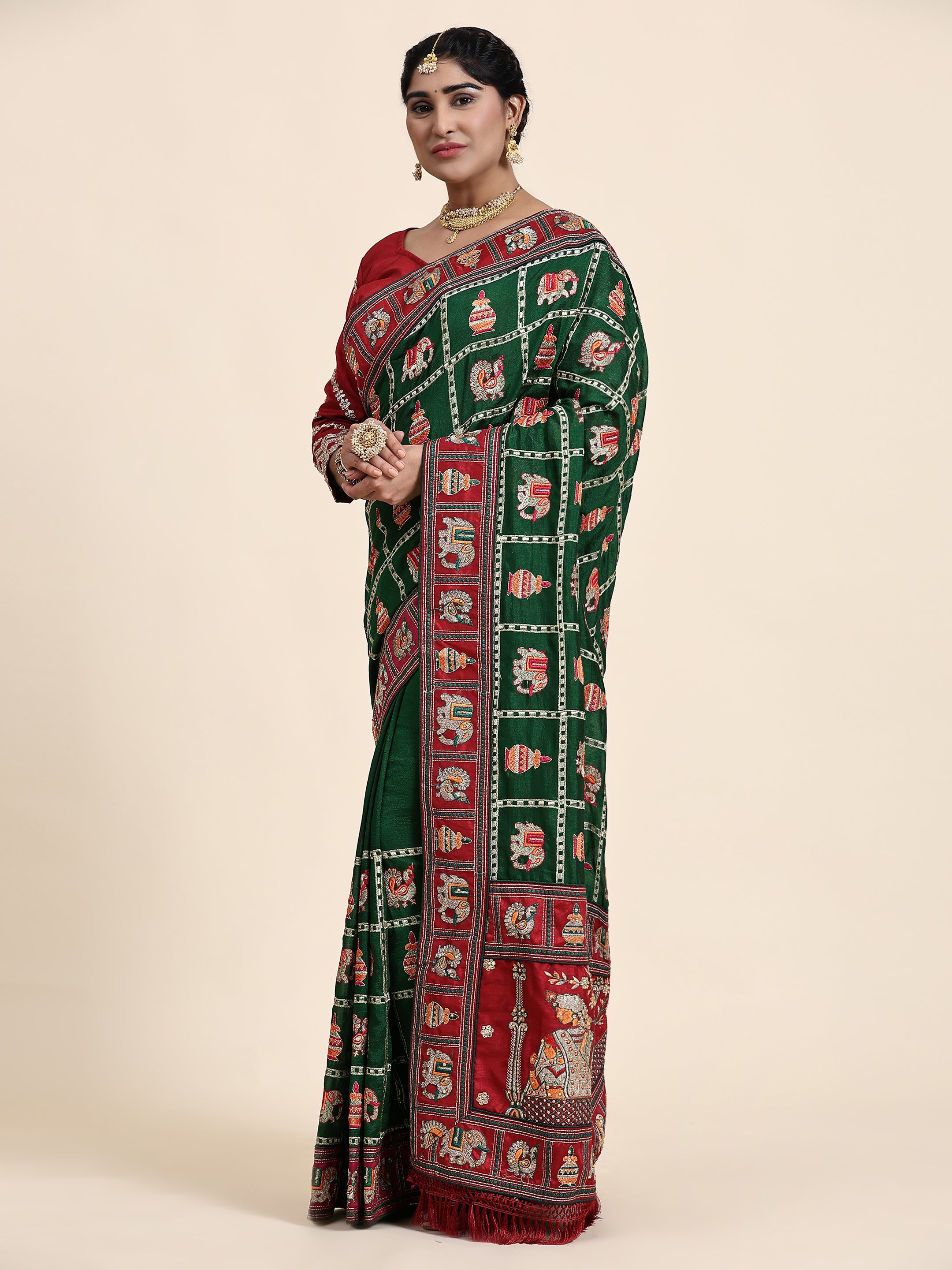Heritage Green & Maroon Silk Blend Saree with Traditional Patola-Style Embroidery and Tassel Detail