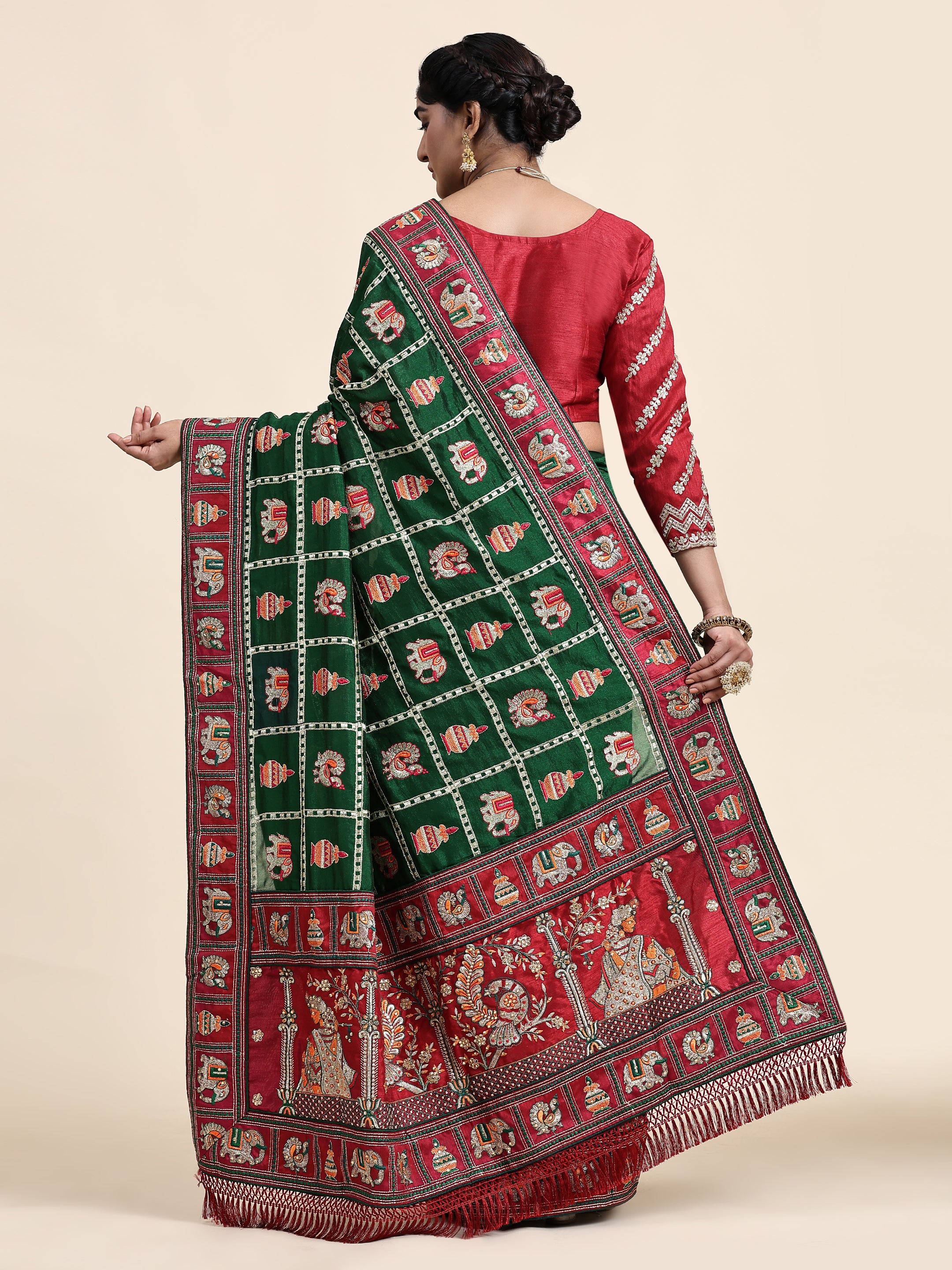 Heritage Green & Maroon Silk Blend Saree with Traditional Patola-Style Embroidery and Tassel Detail