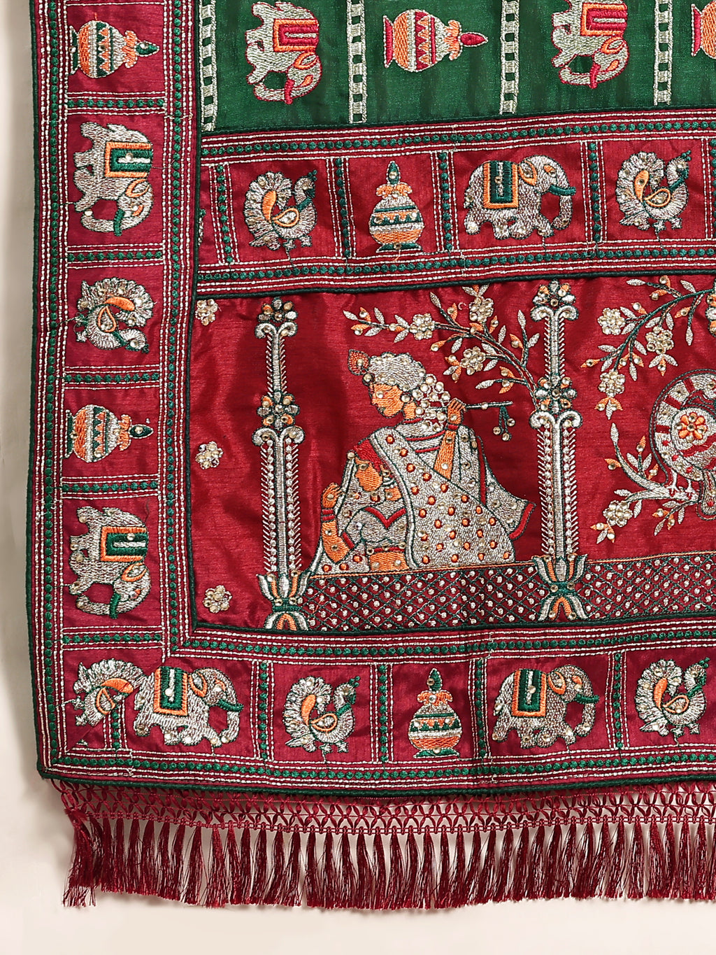 Heritage Green & Maroon Silk Blend Saree with Traditional Patola-Style Embroidery and Tassel Detail