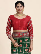 Heritage Green & Maroon Silk Blend Saree with Traditional Patola-Style Embroidery and Tassel Detail