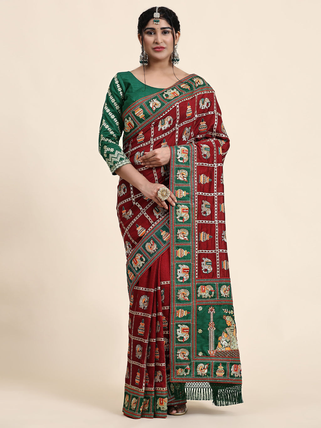 KAIRA Elegant Maroon & Green Silk Blend Saree with Heritage Patola Motifs and Rich Embroidered Pallu