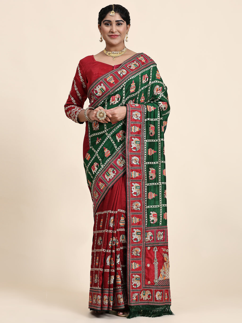 KAIRA-136 Royal Green & Maroon Silk Blend Saree with Traditional Patola Motifs and Heavy Embroidered Pallu