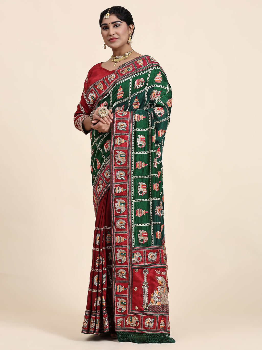 KAIRA-136 Royal Green & Maroon Silk Blend Saree with Traditional Patola Motifs and Heavy Embroidered Pallu