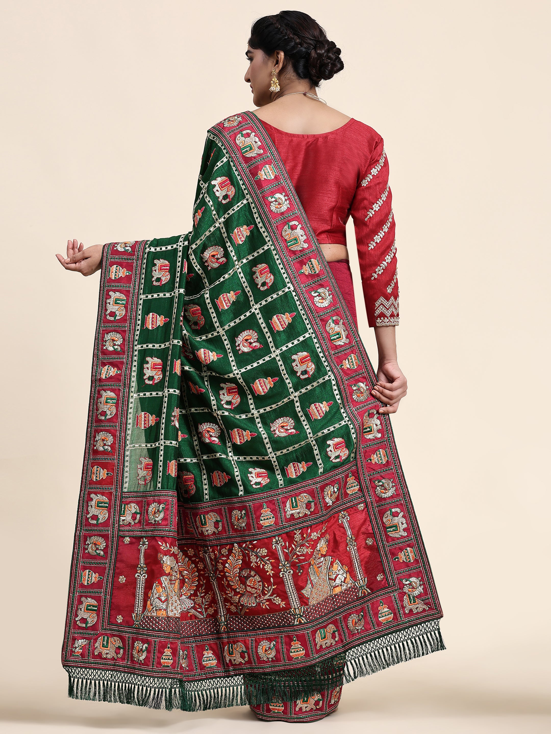 KAIRA-136 Royal Green & Maroon Silk Blend Saree with Traditional Patola Motifs and Heavy Embroidered Pallu