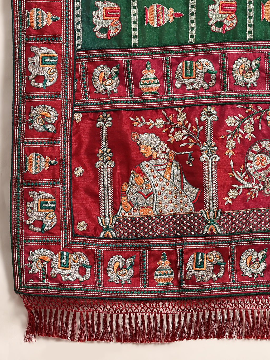 KAIRA-136 Royal Green & Maroon Silk Blend Saree with Traditional Patola Motifs and Heavy Embroidered Pallu