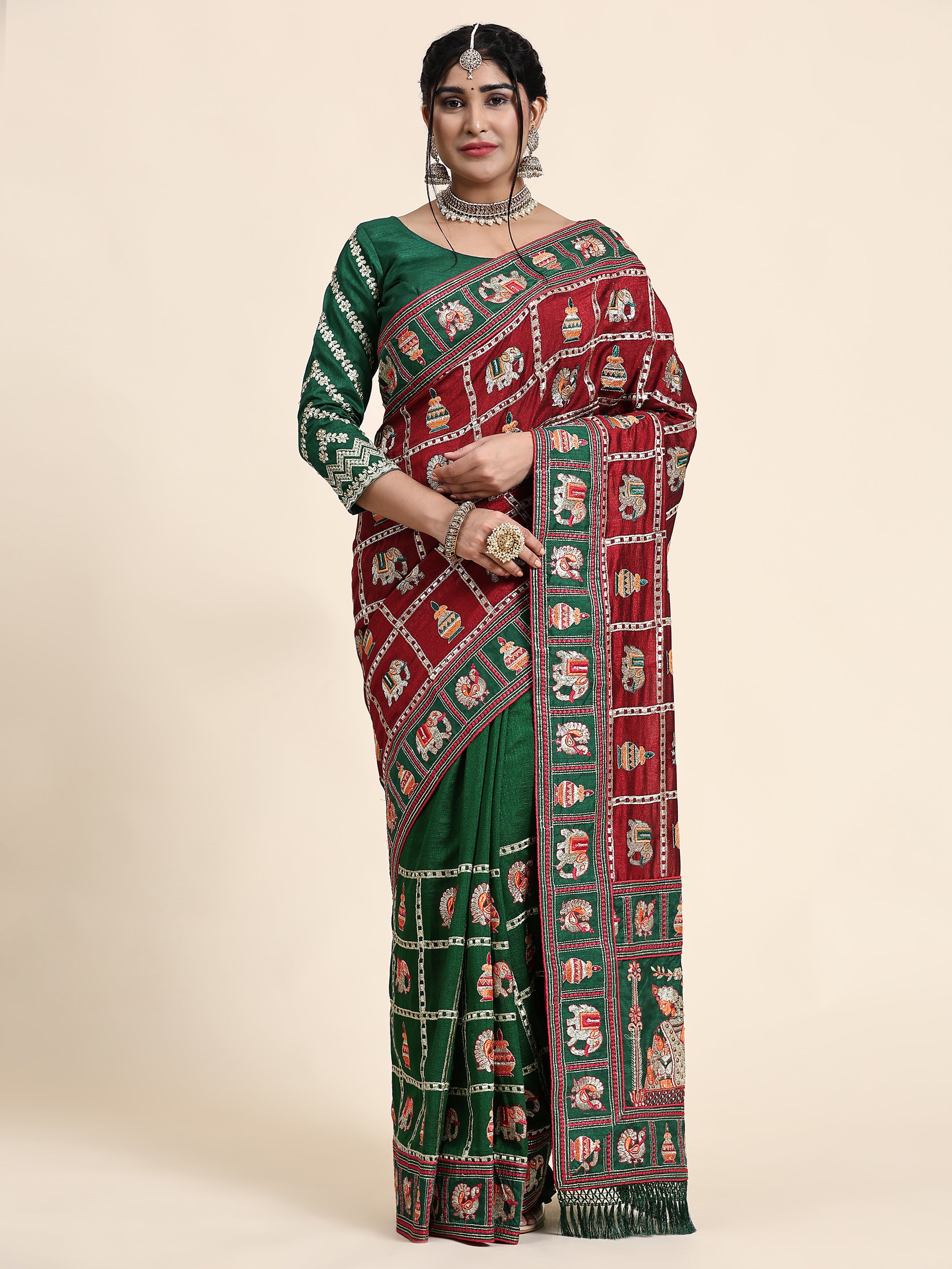 KAIRA-137 Heritage Silk Blend Saree in Royal Maroon & Emerald Green with Traditional Patola Motifs and Ornate Pallu