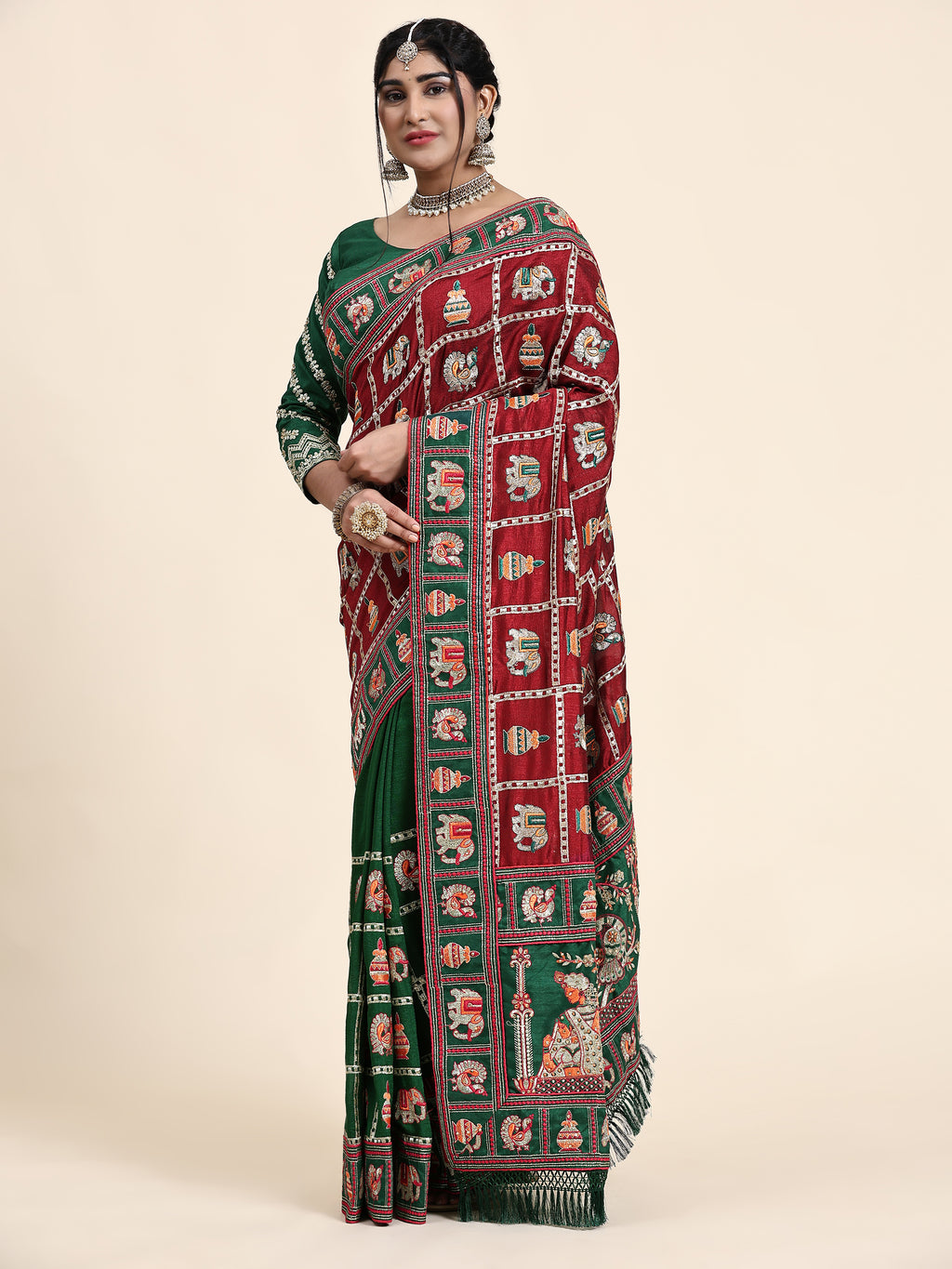 KAIRA-137 Heritage Silk Blend Saree in Royal Maroon & Emerald Green with Traditional Patola Motifs and Ornate Pallu