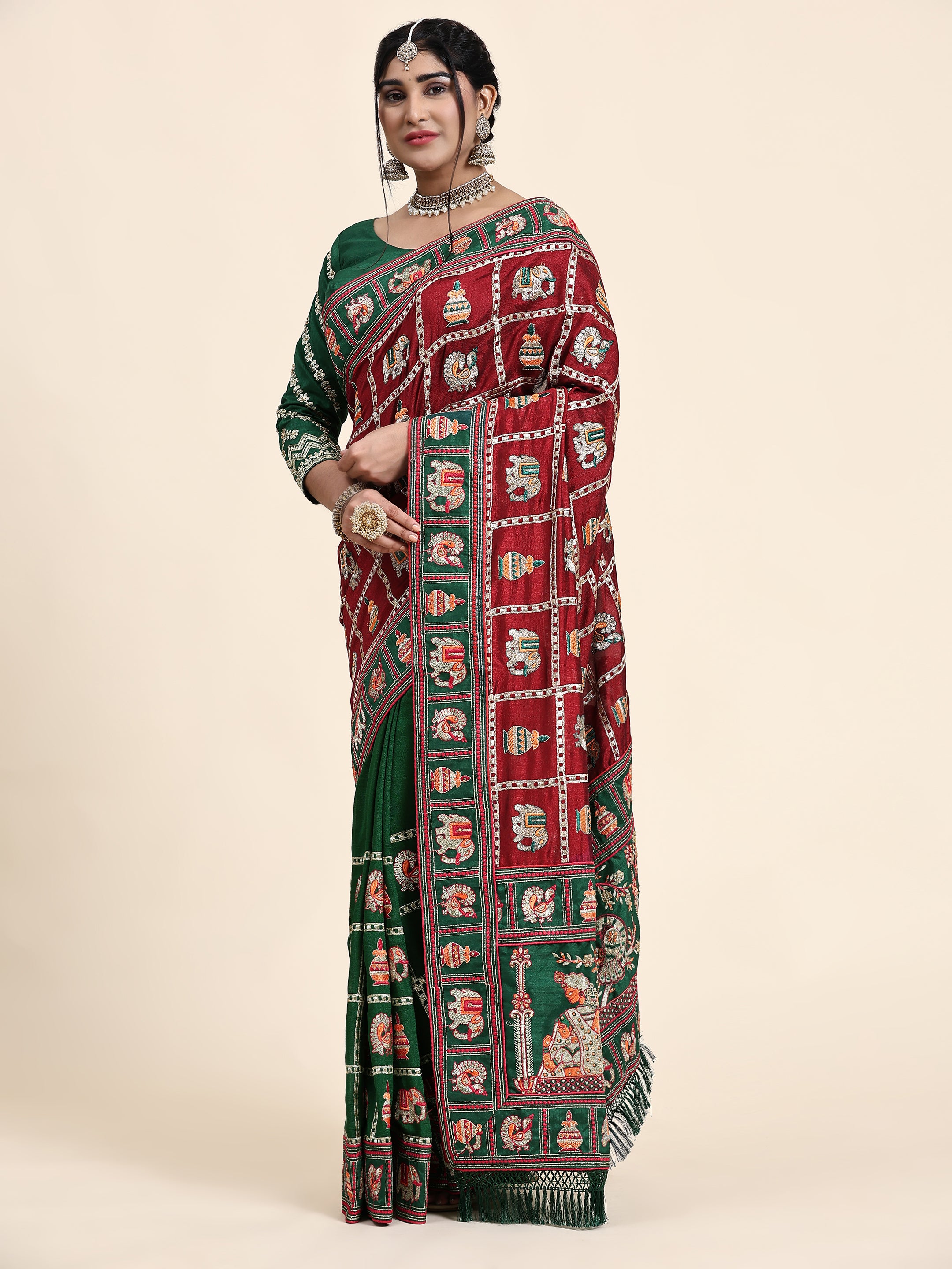 KAIRA-137 Heritage Silk Blend Saree in Royal Maroon & Emerald Green with Traditional Patola Motifs and Ornate Pallu