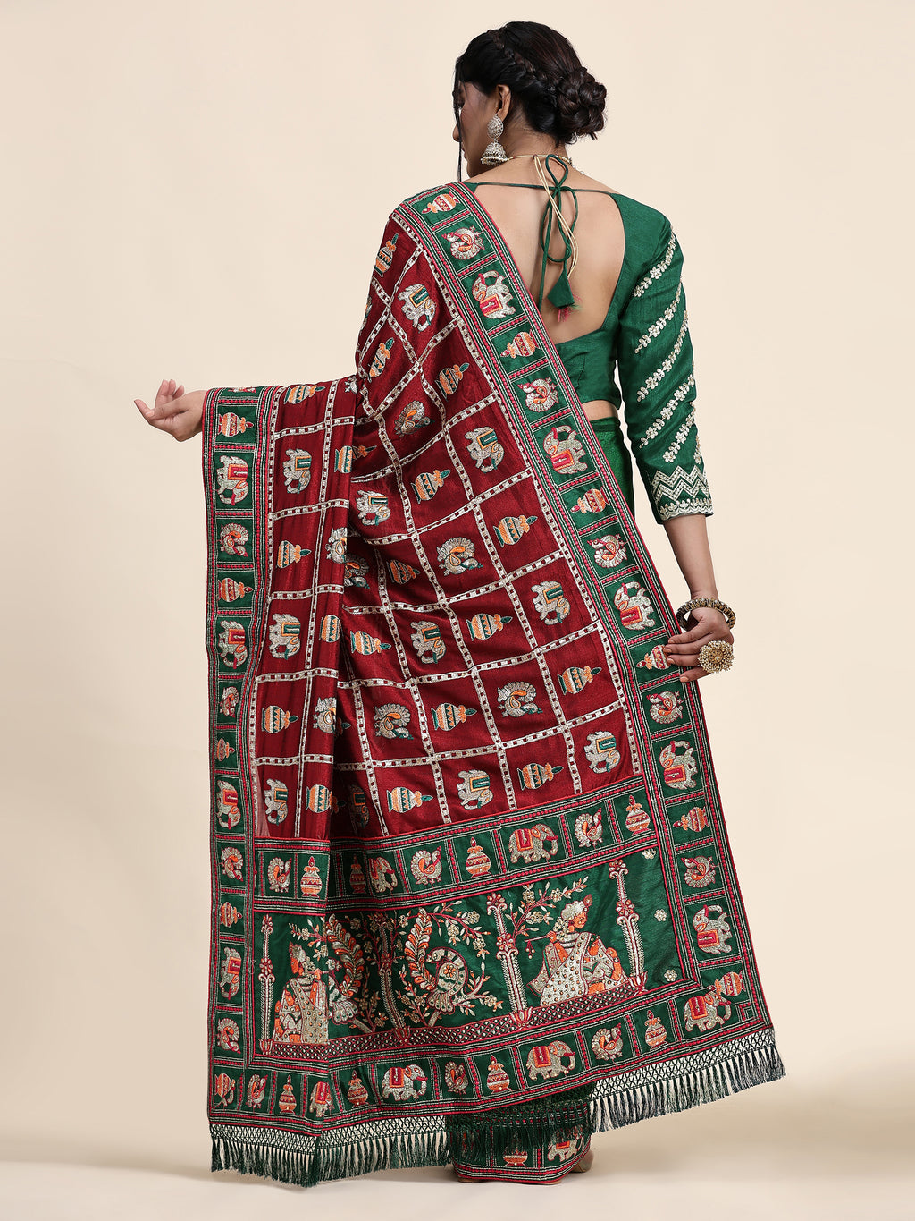 KAIRA-137 Heritage Silk Blend Saree in Royal Maroon & Emerald Green with Traditional Patola Motifs and Ornate Pallu