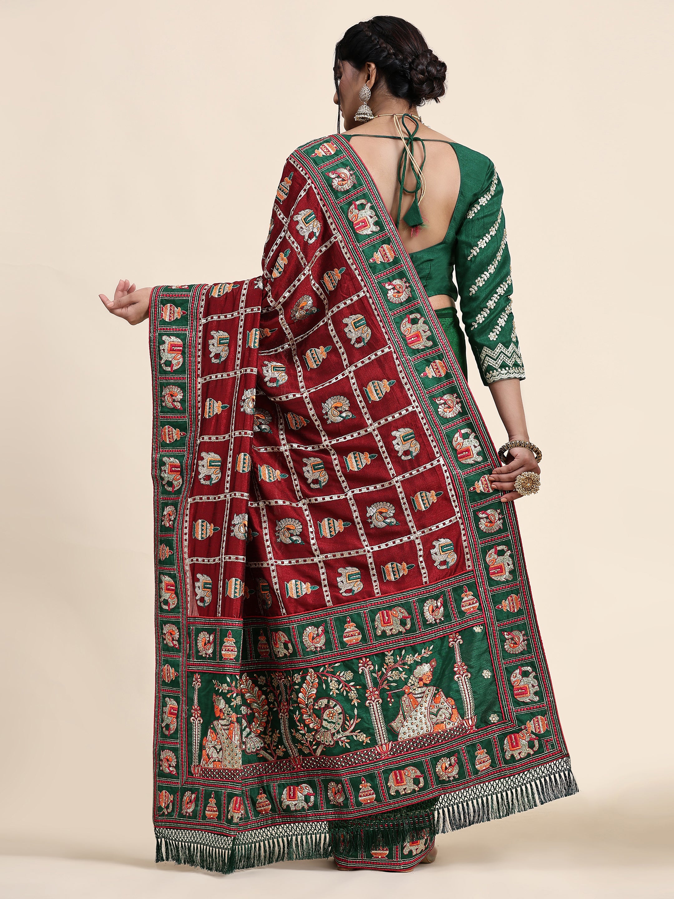 KAIRA-137 Heritage Silk Blend Saree in Royal Maroon & Emerald Green with Traditional Patola Motifs and Ornate Pallu