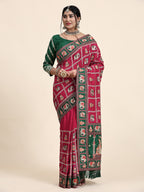 KAIRA-138 Radiant Dark Pink & Emerald Green Silk Blend Saree with Traditional Patola Grid Motifs and Embroidered Tassel Pallu