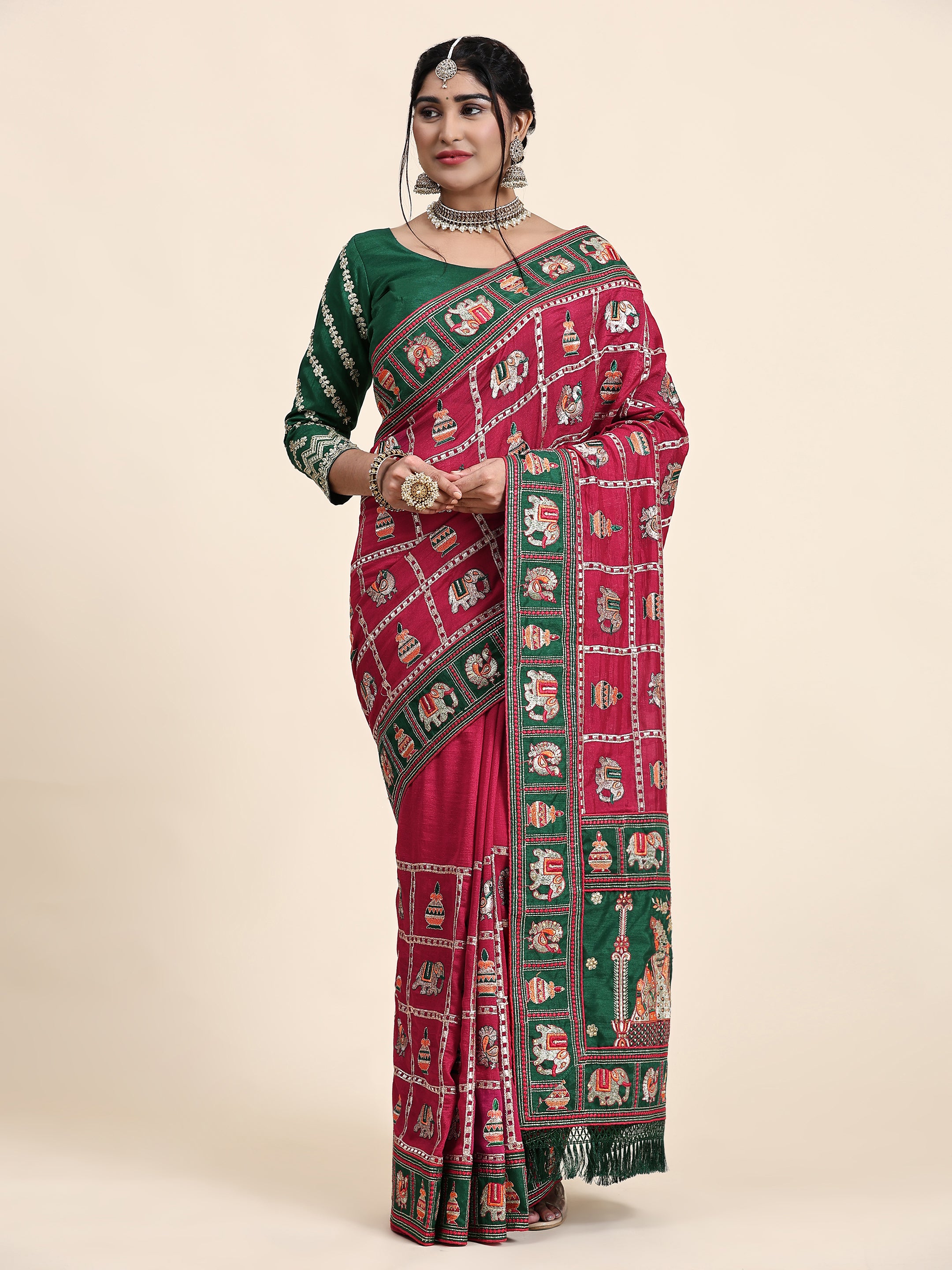 KAIRA-138 Radiant Dark Pink & Emerald Green Silk Blend Saree with Traditional Patola Grid Motifs and Embroidered Tassel Pallu