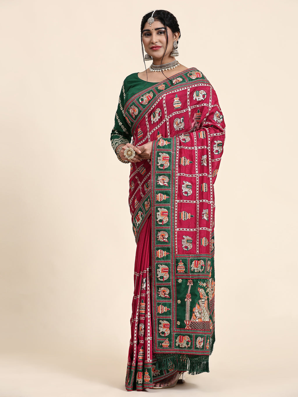 KAIRA-138 Radiant Dark Pink & Emerald Green Silk Blend Saree with Traditional Patola Grid Motifs and Embroidered Tassel Pallu