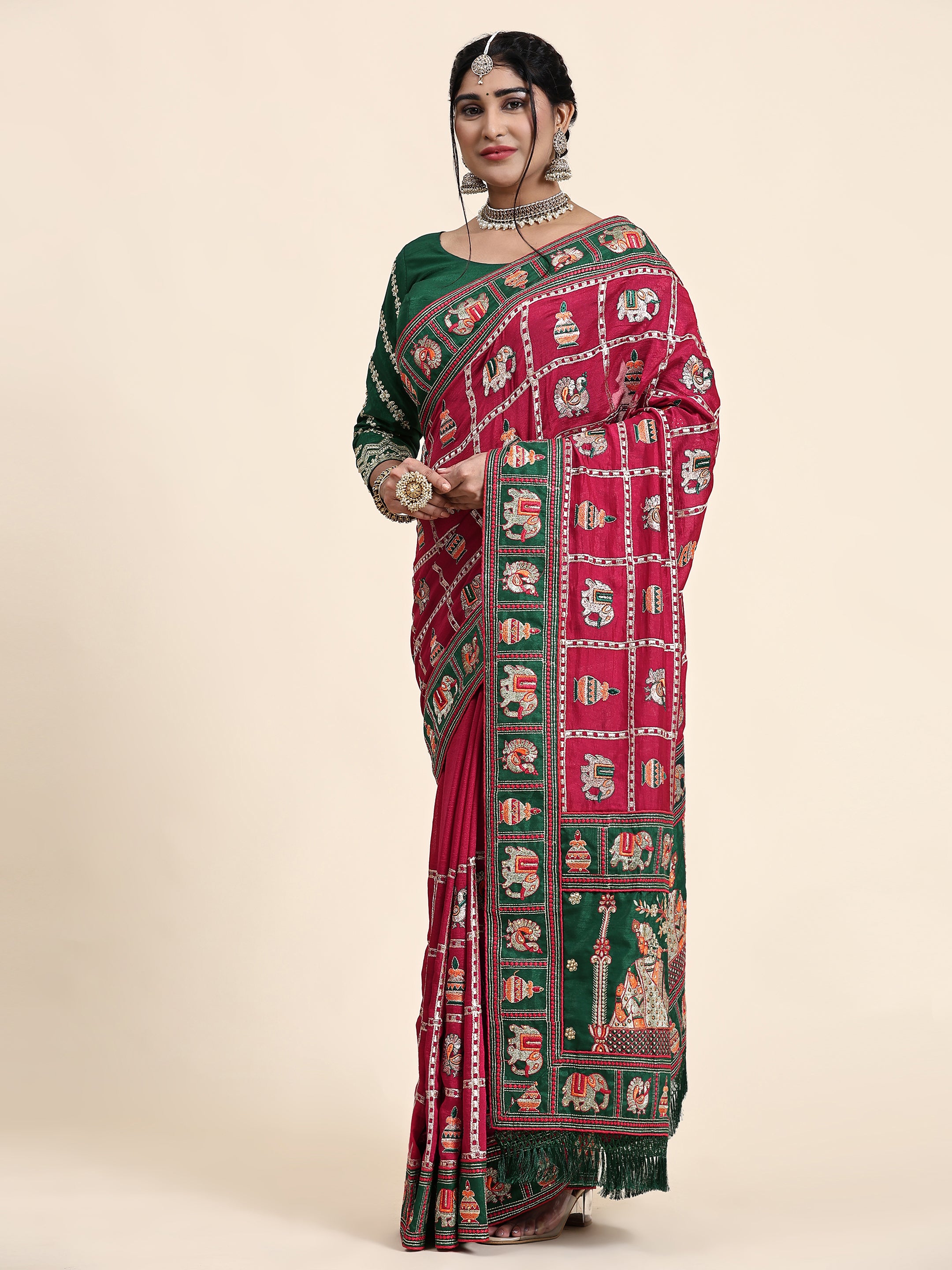 KAIRA-138 Radiant Dark Pink & Emerald Green Silk Blend Saree with Traditional Patola Grid Motifs and Embroidered Tassel Pallu