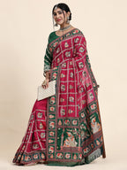 KAIRA-138 Radiant Dark Pink & Emerald Green Silk Blend Saree with Traditional Patola Grid Motifs and Embroidered Tassel Pallu