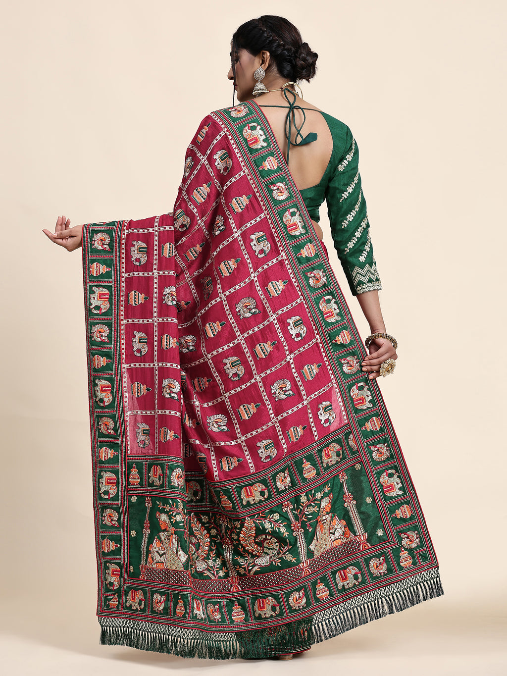 KAIRA-138 Radiant Dark Pink & Emerald Green Silk Blend Saree with Traditional Patola Grid Motifs and Embroidered Tassel Pallu