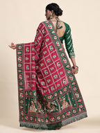 KAIRA-138 Radiant Dark Pink & Emerald Green Silk Blend Saree with Traditional Patola Grid Motifs and Embroidered Tassel Pallu