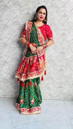 Tulsi Vat Savitri Special: Green Vichitra Silk Saree with Narrative Embroidery & Latkan Tassels
